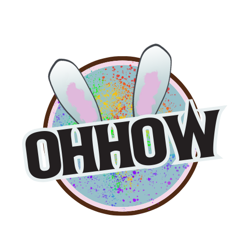 Round OHHOW logo with bunny ears and colourful speckles.